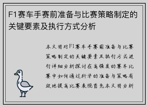 F1赛车手赛前准备与比赛策略制定的关键要素及执行方式分析